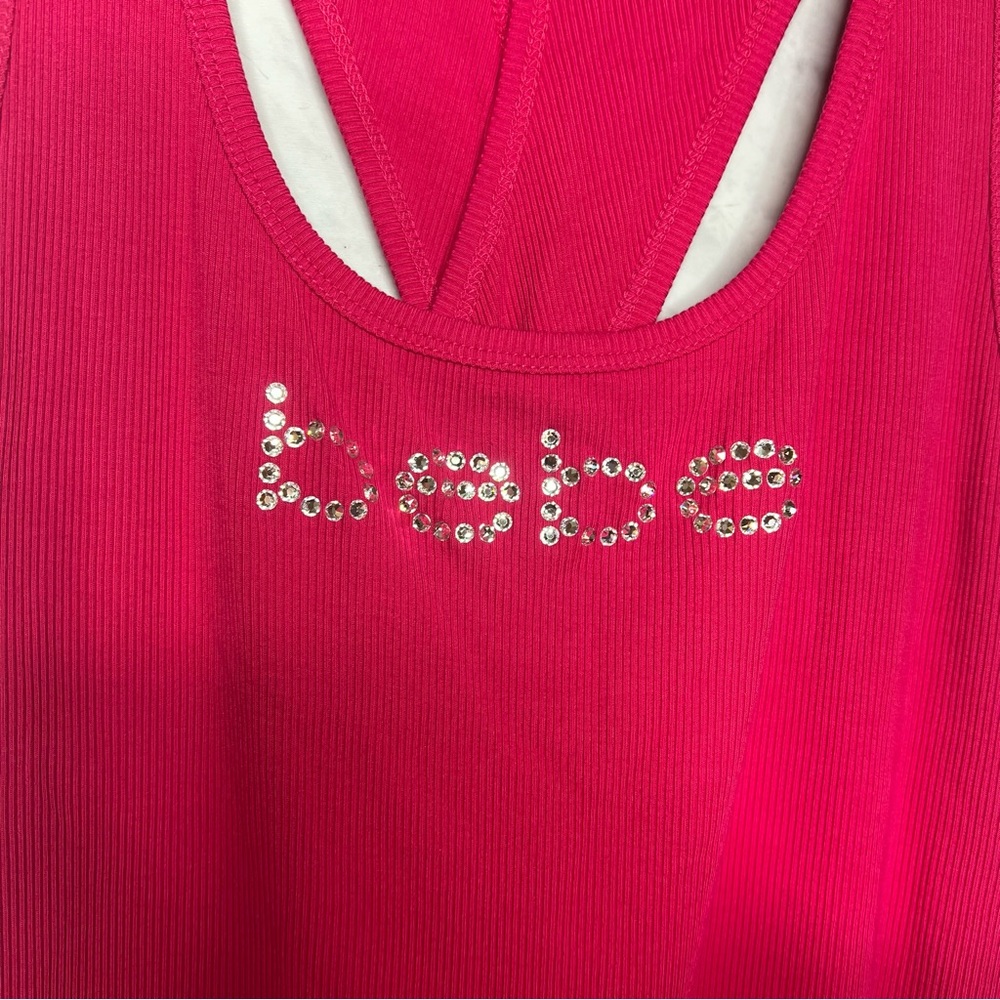 Bebe Bright Pink Ribbed Rhinestone Cross back Tank Large - Picture 4 of 7